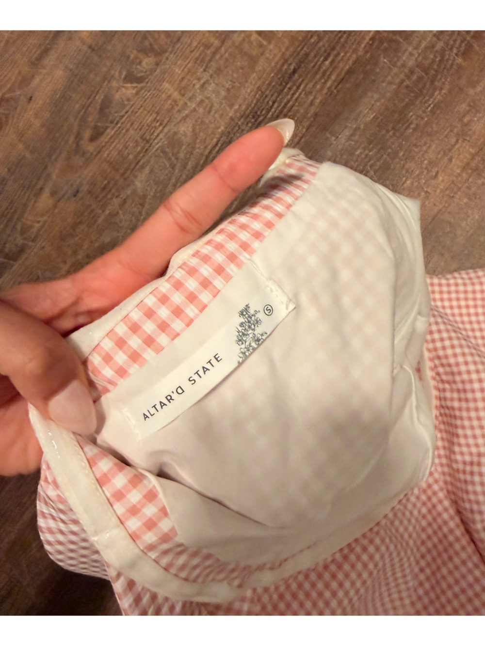 Altar'd State Pink & White Gingham strapless dress with Bow back - Picture 3 of 4